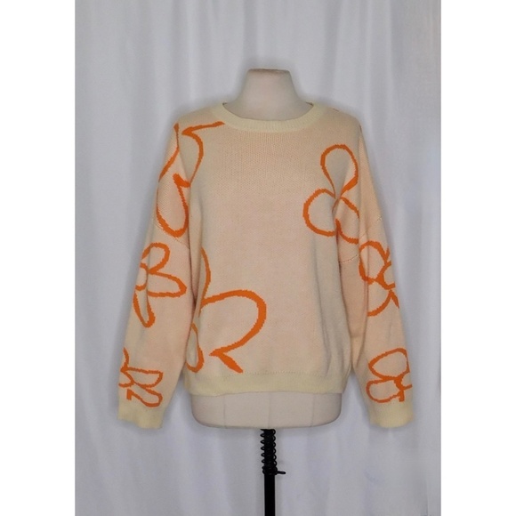 BAILEY ROSE Peach Orange Floral Sweater Pullover Knit Oversized Cropped Large - Picture 3 of 12